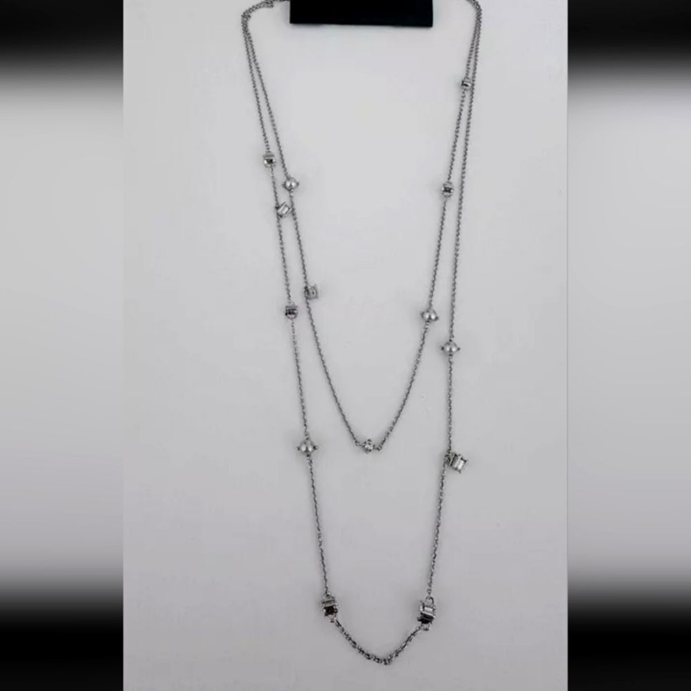 BANANA REPUBLIC SILVER TONE 2 STRAND CUT CRYSTAL/FAUX PEARL 16"-18" NECKLACE NWT
